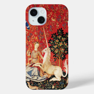 DAME UND EINHORN Fantasie-Tiere Grün Rot Blumenmus iPhone 15 Hülle