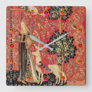 DAME UND EINHORN Fantasy Blumen,Tiere,Edelsteine Quadratische Wanduhr