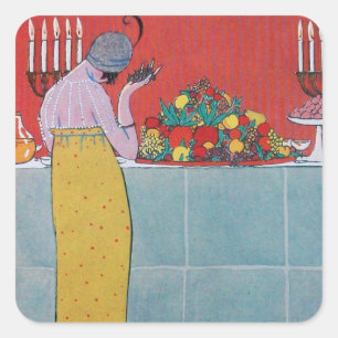 DAME UND FRÜCHTE-TISCH-DEKOR ART DÉCO SCHÖNHEIT MO QUADRATISCHER AUFKLEBER
