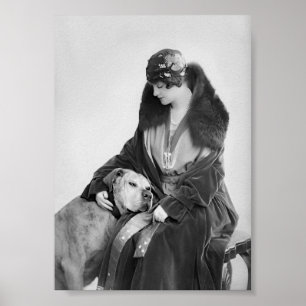 Dame und ihr Hund, Schwarz-Weiß-Vintage-Kunst Poster