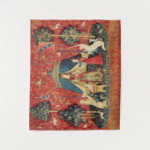 DAME UND UNICORN Löwe, Fantasie-Blumen, Tiere Wandteppich (Vorderseite)