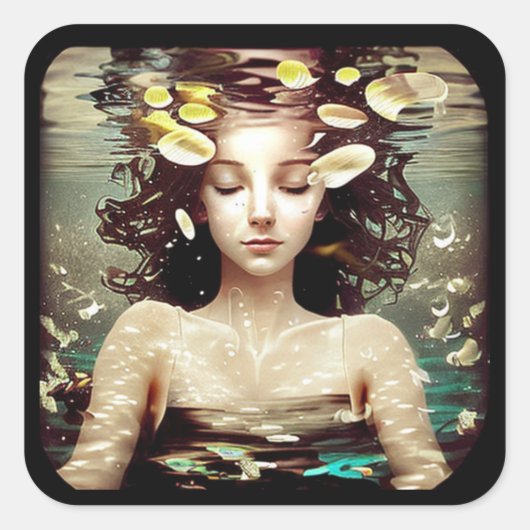 Dame unter Wasser, | AI Generated Artwork Quadratischer Aufkleber (Vorderseite)