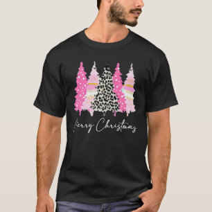 Damen Frohe Weihnachten Rosa Bäume Leopard Cute T-Shirt