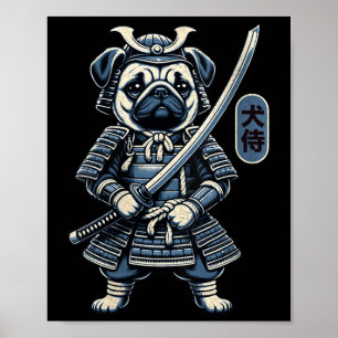 Damen Japanisch Samurai Dog Tattoo, Mops Dog Kawai Poster