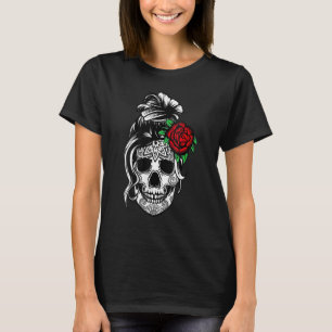 Damen Messy Bun Skull Mama Halloween Dead Sugar S T-Shirt