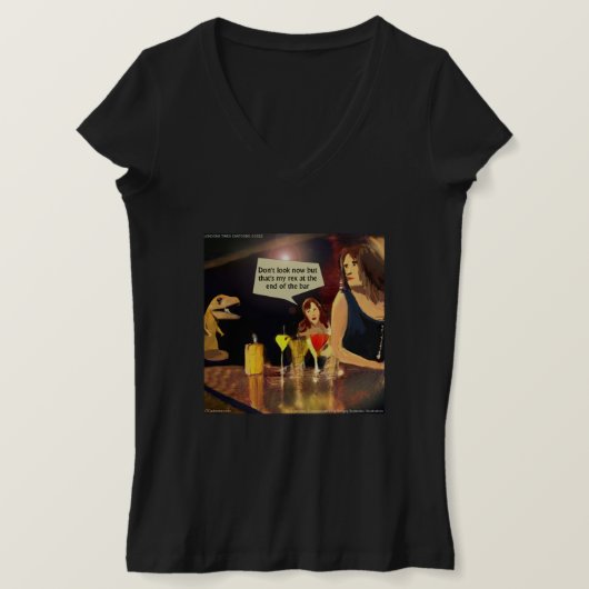 Damen mit T-Rex-Comic übernachten bei Nacht T-Shirt (Design vorne)