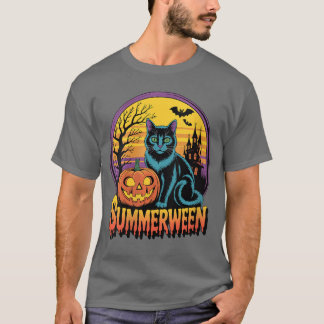 Damen Retro Schwarze Katze Gruselige Süße Kunst Su T-Shirt