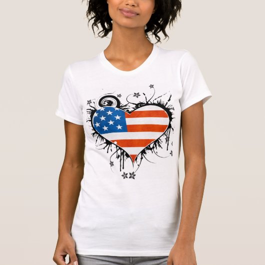 Damen USA-Flaggen-Grungy Blumenherz-Rahmen T-Shirt (Vorderseite)