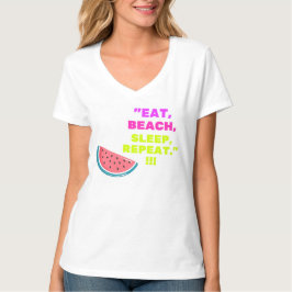 Damen V-Ausschnitt T-Shirt Iss Essen Strand Schlaf