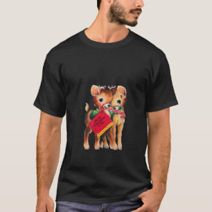 Damen Weihnachten Rentier Kuschelnd Altmodisch T-Shirt
