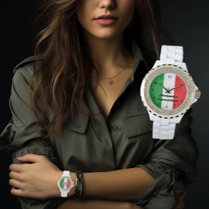 Damen Weiße Kristall Italienische Flagge Italien Armbanduhr