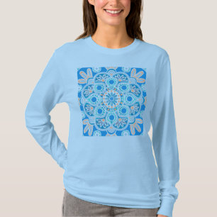 Damenblauer Langärmel-Kachelmuster T-Shirt