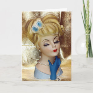 Damenkopf-Vase Haarblume Blaue Handschuhe Fancy Karte