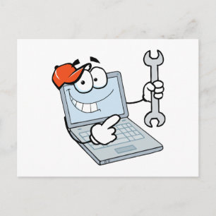 dämliche Computerrestaurierung Cartoon-Laptop mit Postkarte
