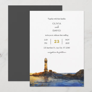 Dämmerung Felsiger Leuchtturm Aquarell Strand Hoch Einladung