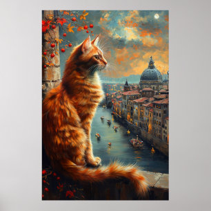 Dämmerung in Venedig Rote Katze an einem Kanal Poster