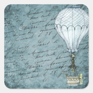 Dämmerungsblauer Heißluftballon-Steampunk-Handschr Quadratischer Aufkleber