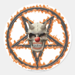 Dämon-Clown-Schädel u. brennender Pentagram Runder Aufkleber