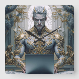 Dämonischer Krieger am Laptop Fantasy Quadratische Wanduhr