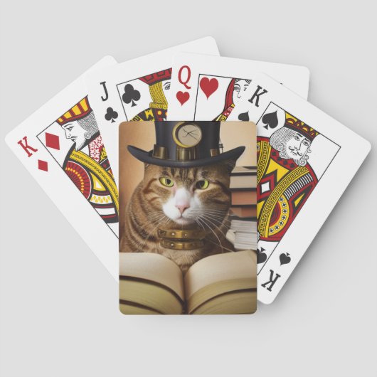 Dampf-Punk-Katze in einem Hut mit Büchern Spielkarten (Rückseite)