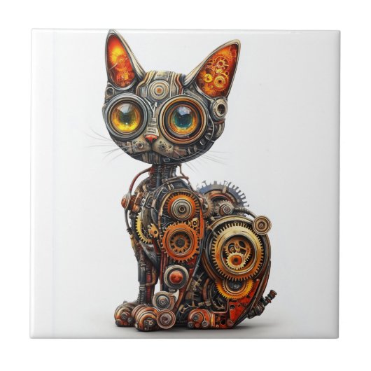 Dampfbetriebene Schnurren � Steampunk-Roboterkatze Fliese (Vorderseite)
