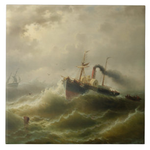 Dampfboot in einem Sturm an der Nordsee Fliese