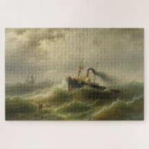 Dampfboot in einem Sturm an der Nordsee