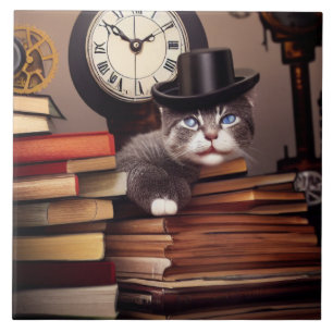 Dampfbunkerkatze mit Büchern Keramikfliese