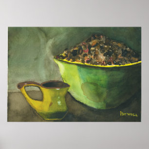Dampfende Morgentasse Kaffeeschale Kaffeebohnen Poster