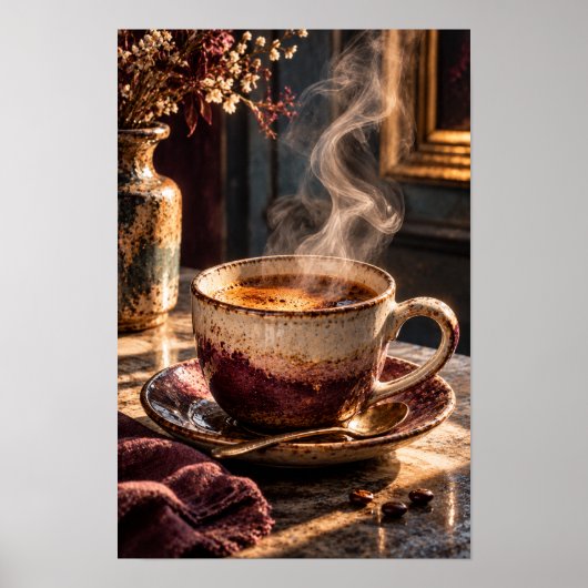 Dampfende rustikale Kaffeetasse – Gemütlicher Morg Poster (Vorne)
