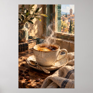 Dampfender Kaffee an einem sonnendurchfluteten Fen Poster
