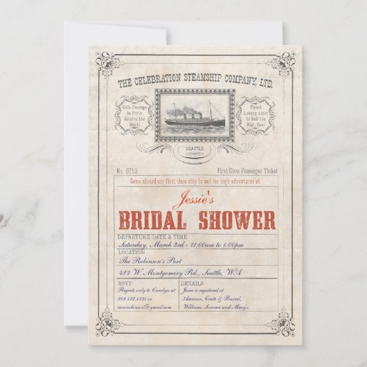 Dampfer-Kreuzfahrt-Karten-Einladungs-Brautparty Einladung (Vorderseite)