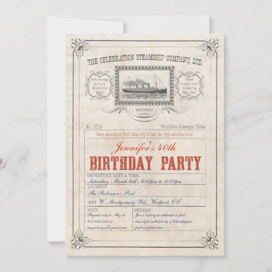 Dampfer-Kreuzschiff-Karten-Einladungs-Geburtstag Einladung (Vorderseite)