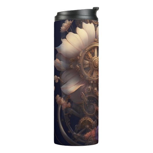 Dampfgeere und violette Blumen Thermosbecher (Nach links gedreht)