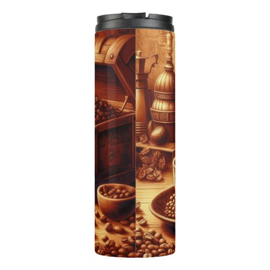 Dampfkaffee mit Schatztruhe Thermosbecher (Rückseite)