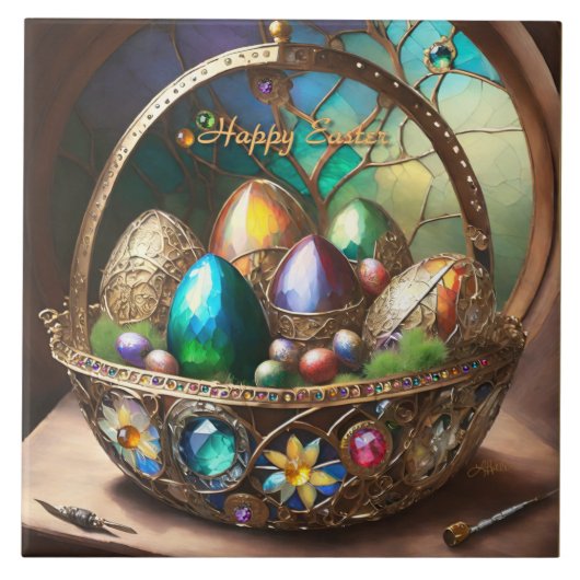 Dampfkorb Osterkorb gefüllt mit farbigen Eiern Fliese (Vorderseite)