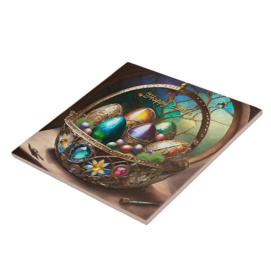 Dampfkorb Osterkorb gefüllt mit farbigen Eiern Fliese (Seite)