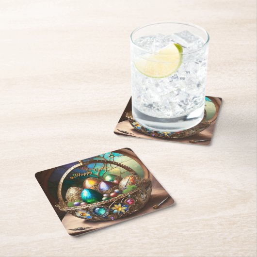 Dampfkorb Osterkorb gefüllt mit farbigen Eiern Rechteckiger Pappuntersetzer (Vor Ort)