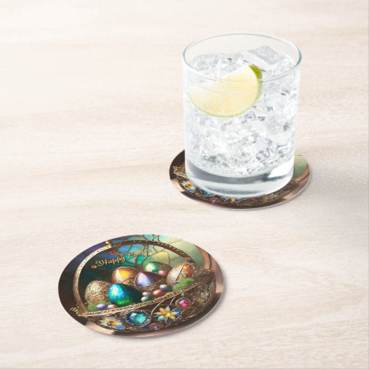 Dampfkorb Osterkorb gefüllt mit farbigen Eiern Runder Pappuntersetzer (Vor Ort)