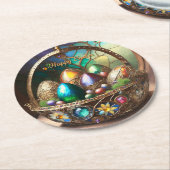 Dampfkorb Osterkorb gefüllt mit farbigen Eiern Runder Pappuntersetzer (Angewinkelt)