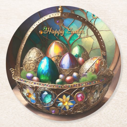 Dampfkorb Osterkorb gefüllt mit farbigen Eiern Runder Pappuntersetzer (Vorderseite)