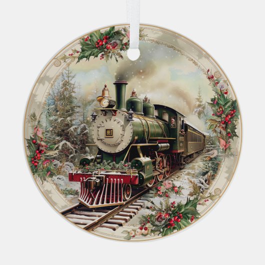 Dampflok durch verschneite Kiefern Ornament Aus Glas (Rückseite)