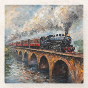 Dampflokomotive auf einer Brücke - Ölgemälde Glasuntersetzer