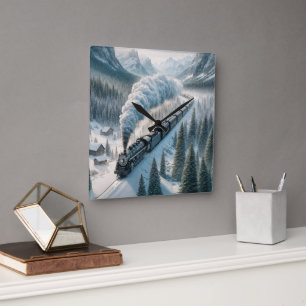 Dampflokomotive aus alter Zeit im schneebedeckten Quadratische Wanduhr
