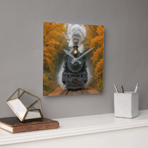 Dampflokomotive im Herbstwald Quadratische Wanduhr