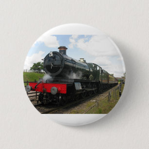 Dampflokomotive im Vintage-Stil, alter Eisenbahnzu Button