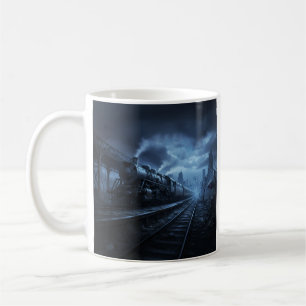 Dampflokomotive in einer dunklen, stürmischen Nach Kaffeetasse