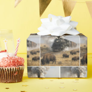 Dampflokomotive mit grasenden Büffeln Geschenkpapier
