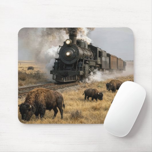 Dampflokomotive mit grasenden Büffeln Mousepad (Mit Mouse)