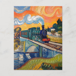 Dampflokomotive überquert Brücke Gemälde Postkarte